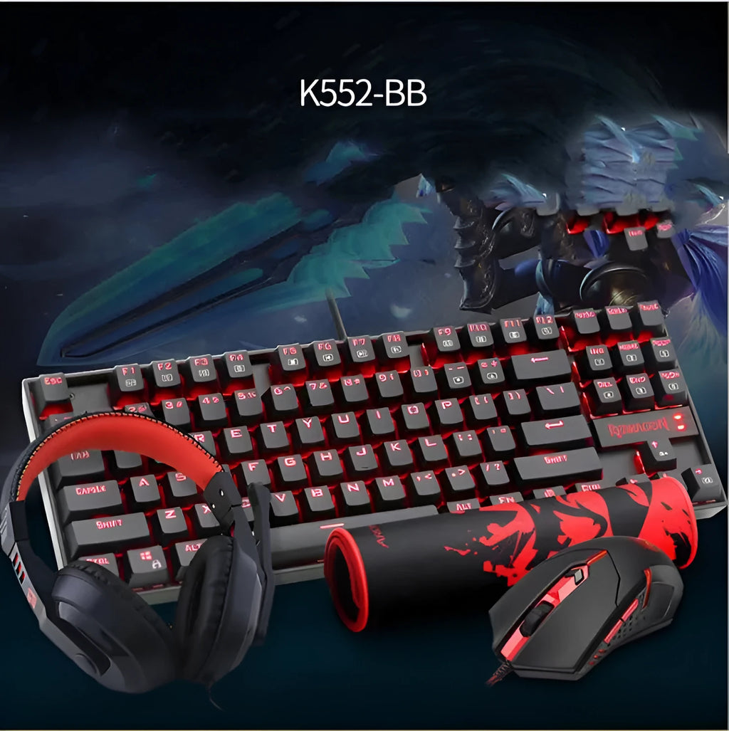 Monochrome luminous wired mechanical gaming keyboard set with green axis switches, USB mouse, mouse pad, and headphones in black or white