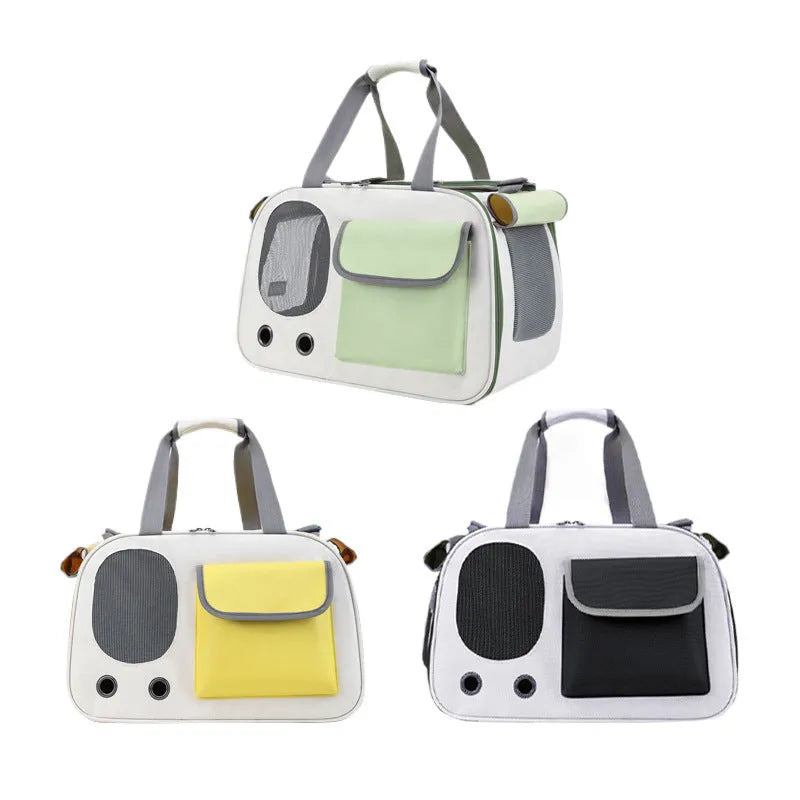 Foldable single shoulder pet carrier bag in canvas material shown in yellow colour.