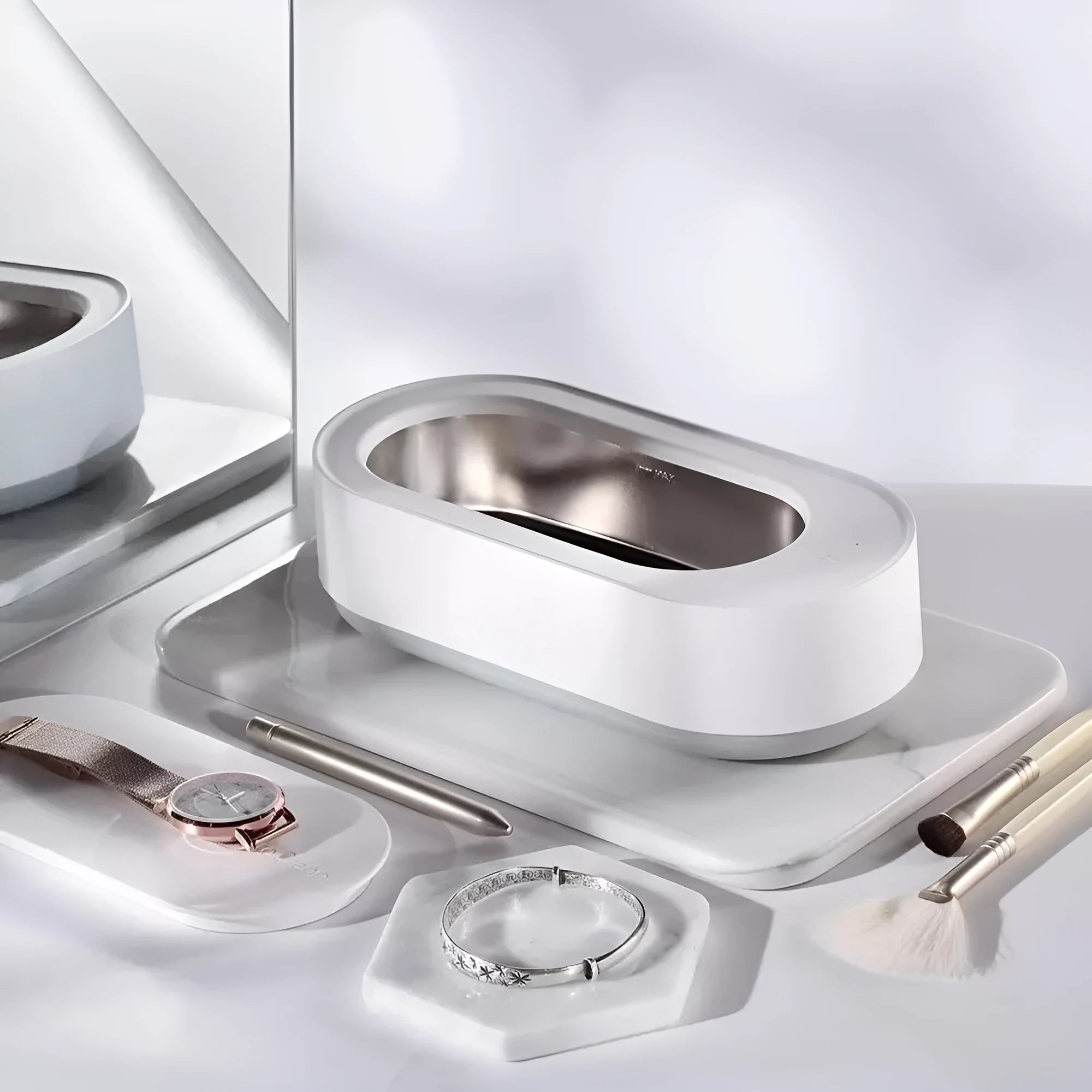 White portable ultrasonic cleaning machine with stainless steel tank and digital timer display.