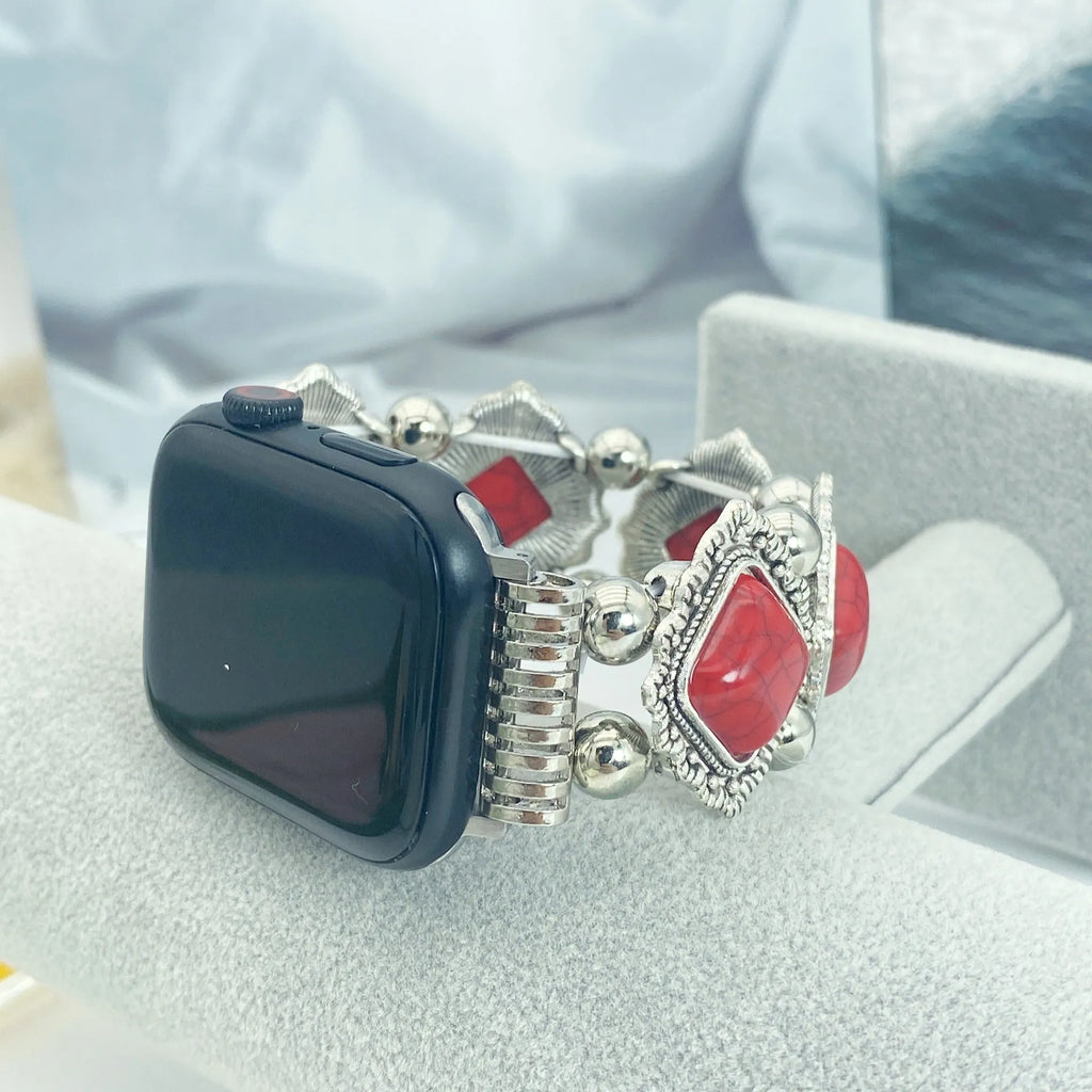 Bohemian turquoise smart watch strap on a black background showing 15cm length with three colour options black blue red