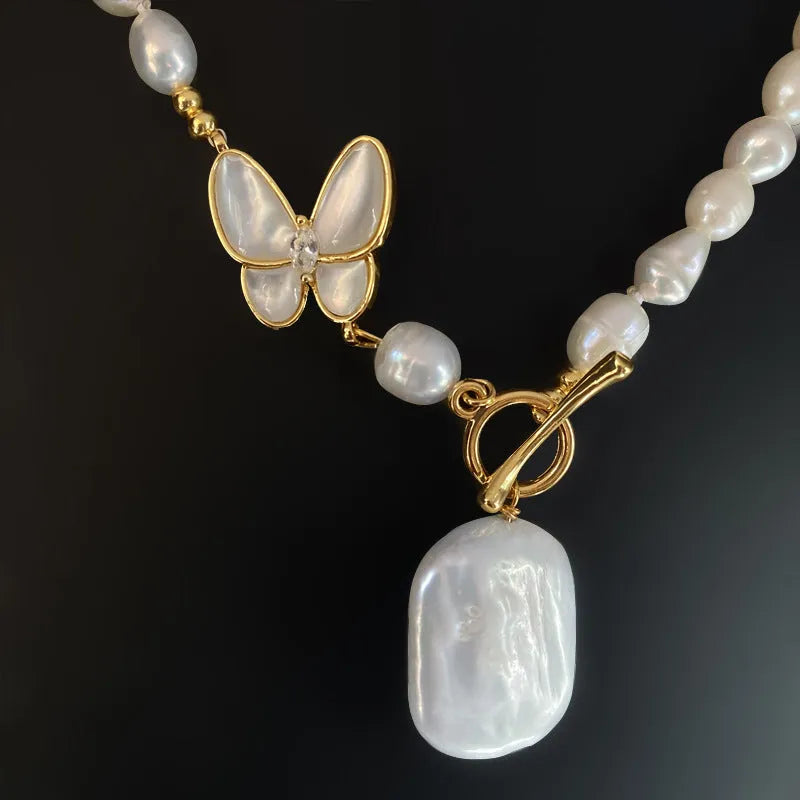 Women's fashion OL butterfly pearl necklace with U-shaped pearl chain in pearl white, 50cm circumference