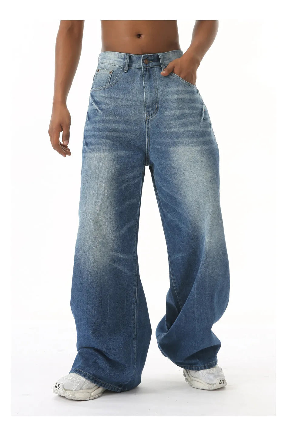 Retro washed light blue men's loose straight wide leg jeans with mid waist and zipper fly
