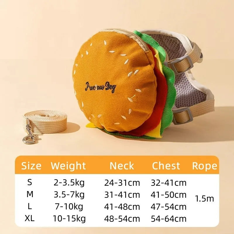 Cute cartoon hamburger print on an adjustable vest-style dog leash and harness.