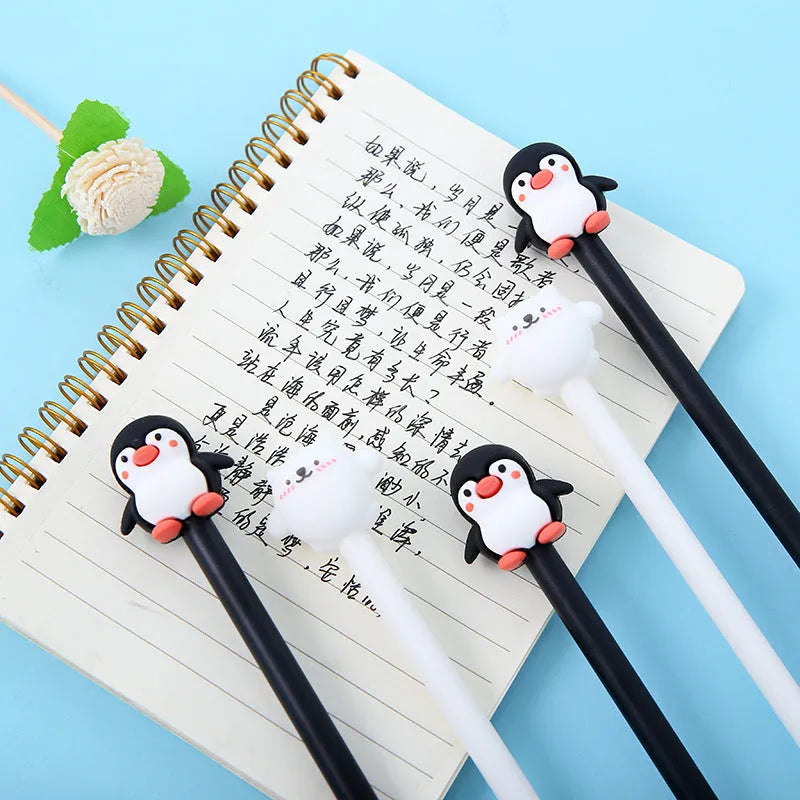 Korean cartoon penguin gel pen with silicone grip and 0.5mm tip in black and blue options