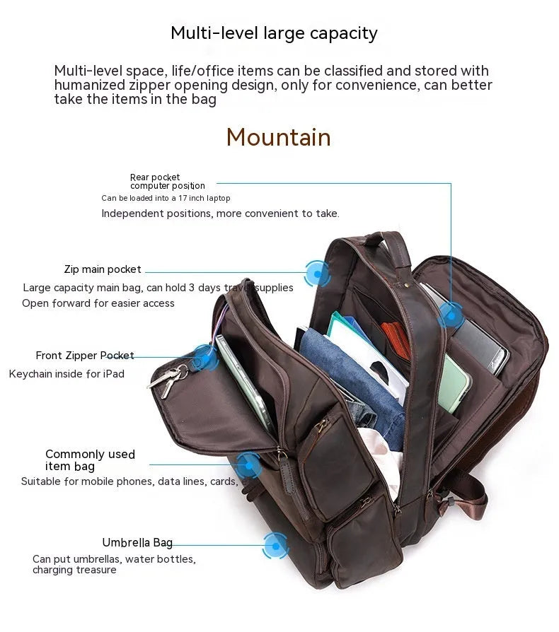 Dark brown genuine leather men's backpack open to show 17-inch laptop compartment and internal organiser pockets.