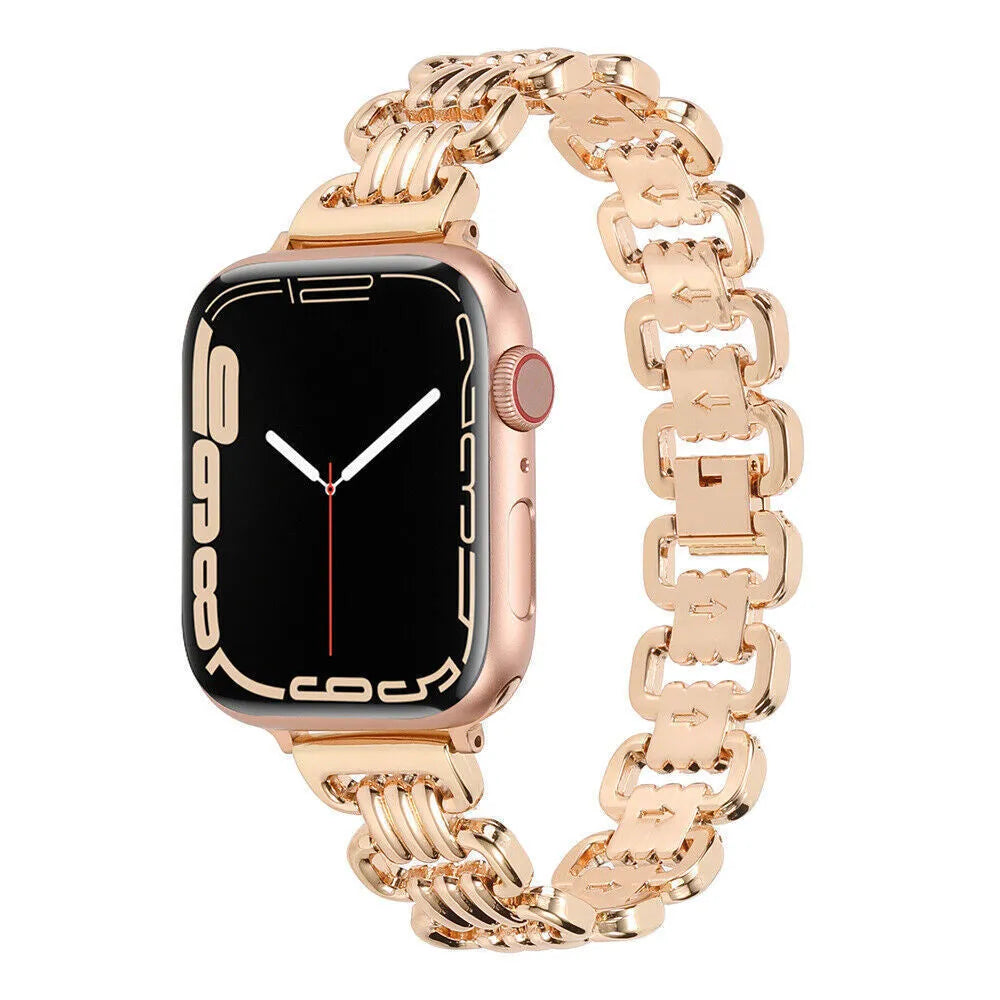 Silver alloy metal replacement bracelet strap for an Apple Watch on a wrist