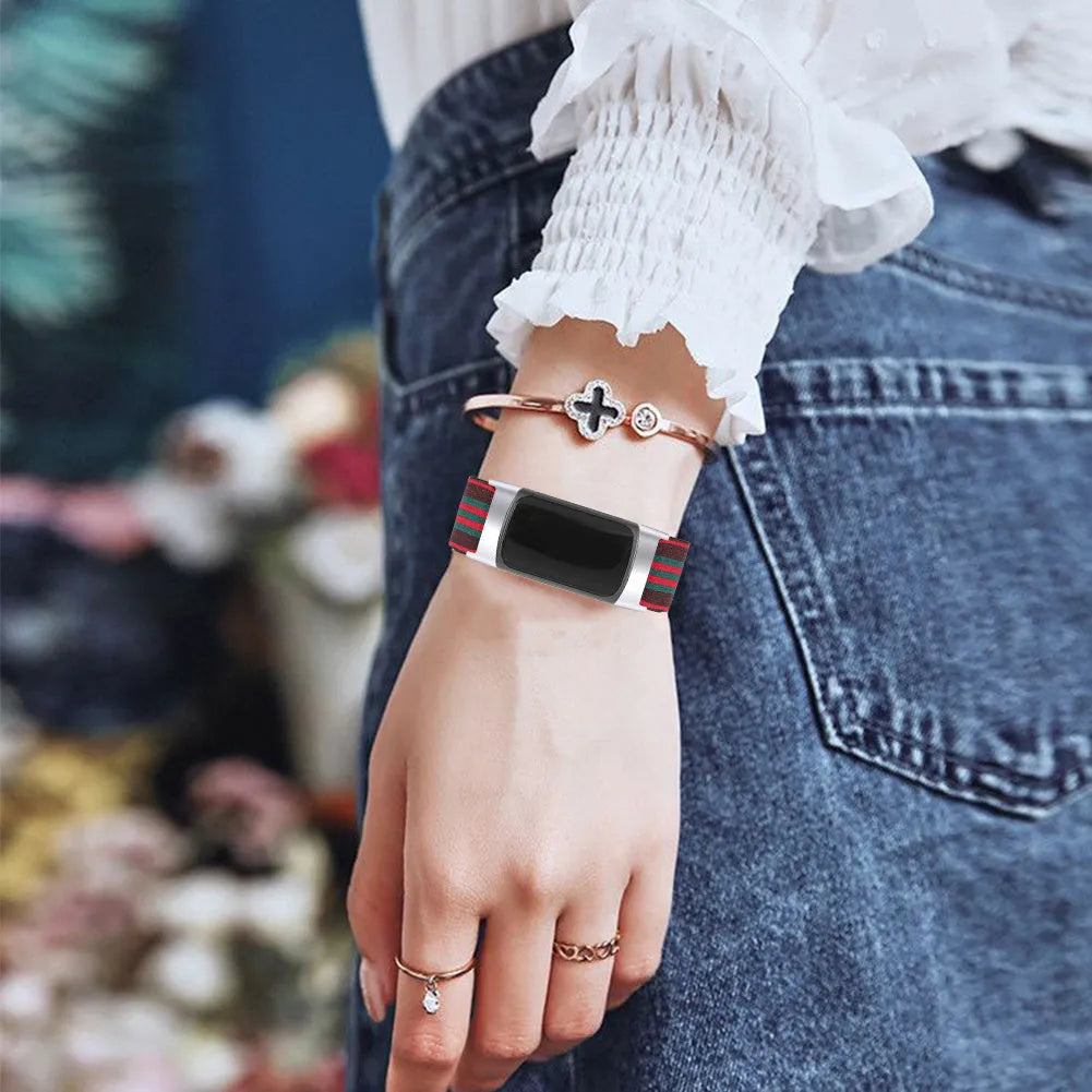 Printed elastic watch strap for Fitbit Charge 6 showing adjustable fit and colour options