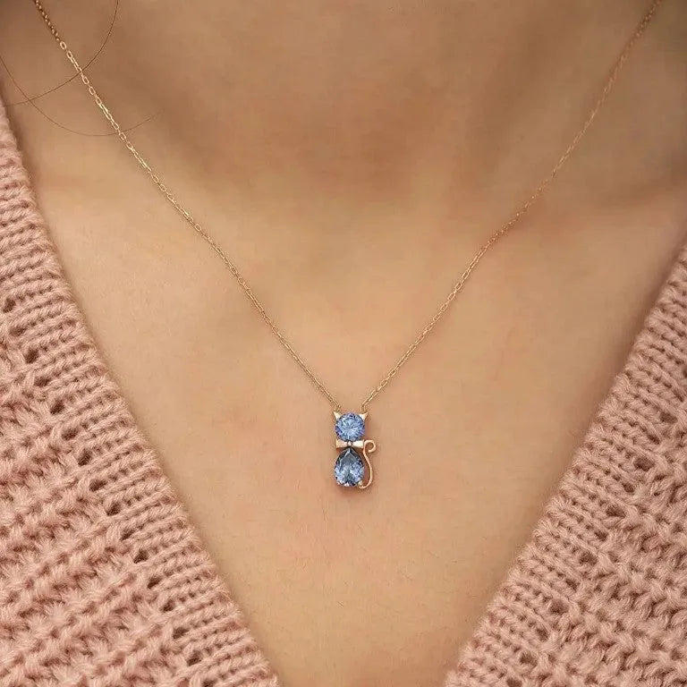Adorable pet kitty gem pendant clavicle chain with inlaid zircon and water wave chain in sweet animal style