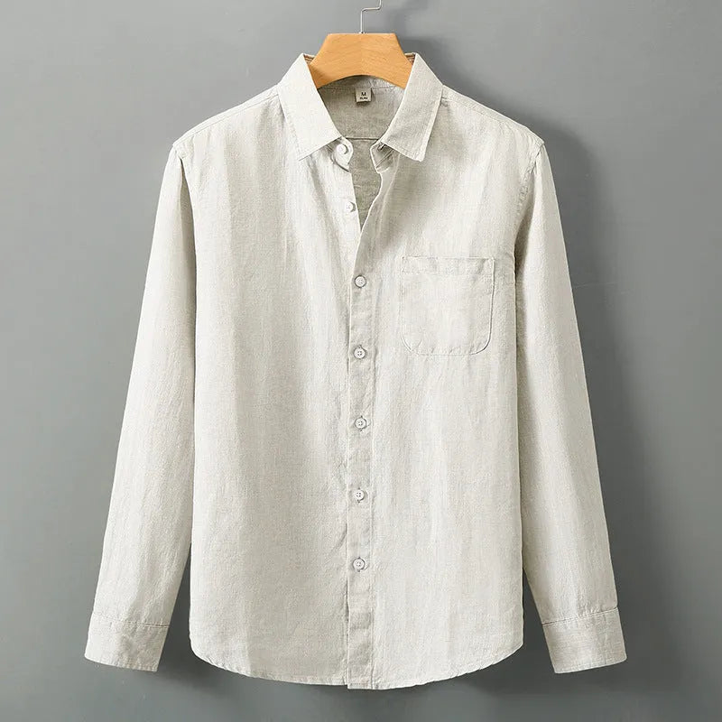 Linen long sleeve shirt in Chinese cardigan style showing loose fit and sun protection design