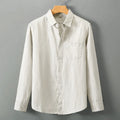 Linen long sleeve shirt in Chinese cardigan style showing loose fit and sun protection design