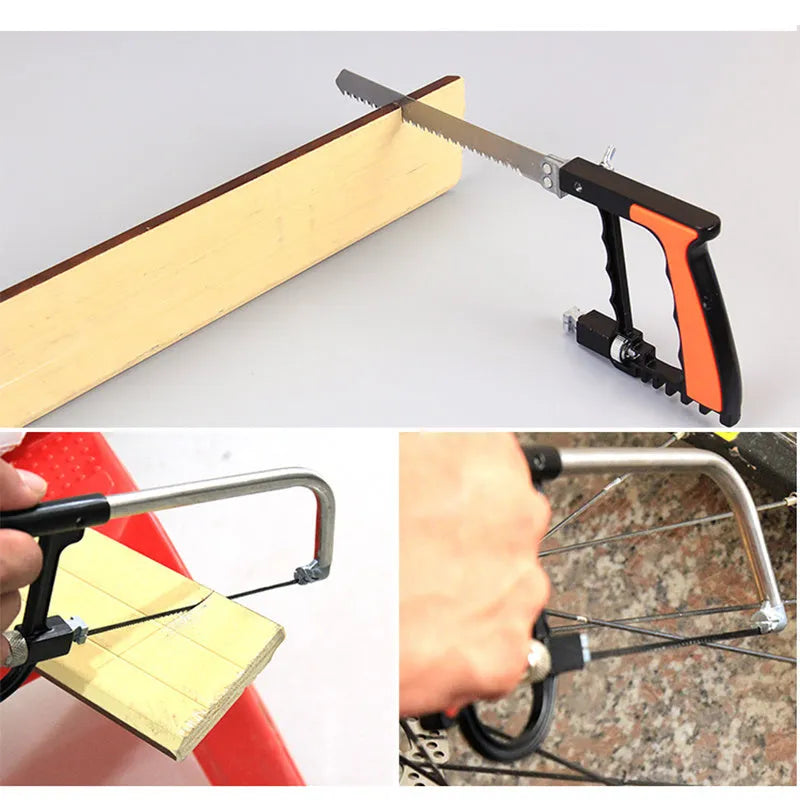 Seven-in-one alloy steel hand saw set with interchangeable blades on a wooden workbench