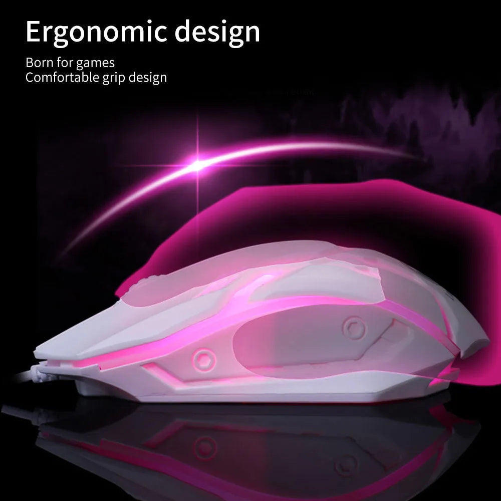 Black and white wired computer mouse with colourful luminous glow effect and USB cable
