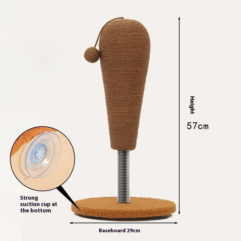 Hemp rope cat scratch board showing large and small size options with grasping ball and tumbler designs
