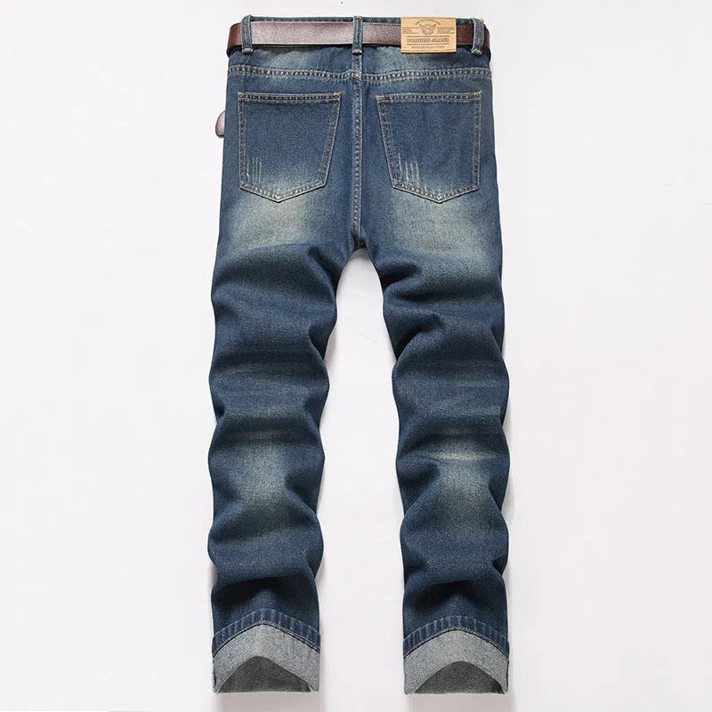 Men's straight wrinkle-resistant loose casual jeans in 2527 blue, mid waist zip fly, cotton material