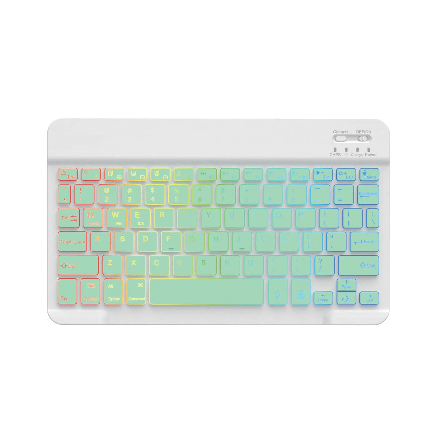 10-inch wireless Bluetooth keyboard with colourful backlit keys on a desk next to a tablet.