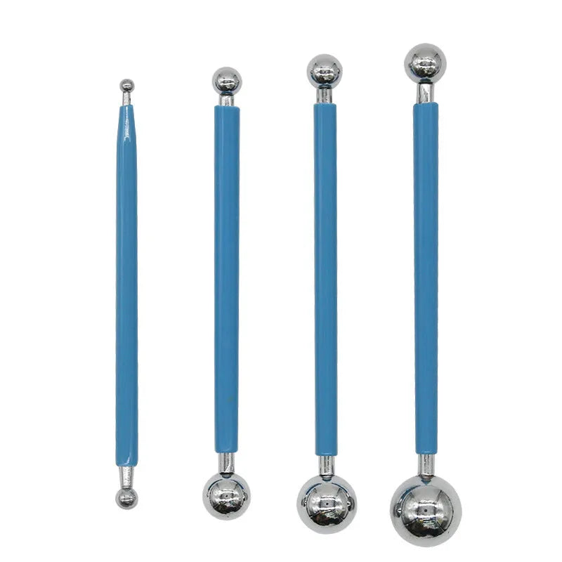 Pottery tool set with acrylic ribs and stainless steel loop tools inside a blue zippered pen bag.