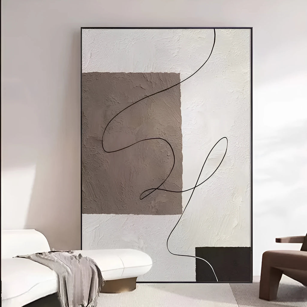 Hand-painted abstract oil painting canvas wall art rolled frameless brown beige minimalist lines