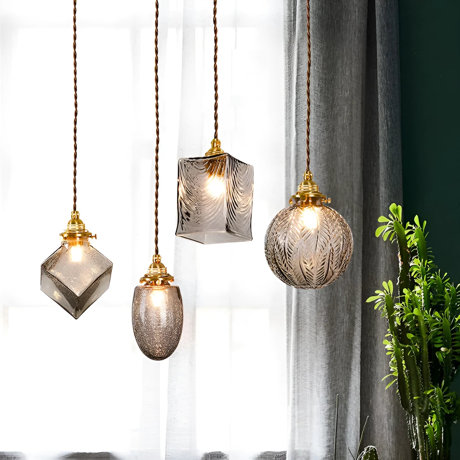 Japanese vintage copper and glass chandelier with round five-cup leaf design for entrance