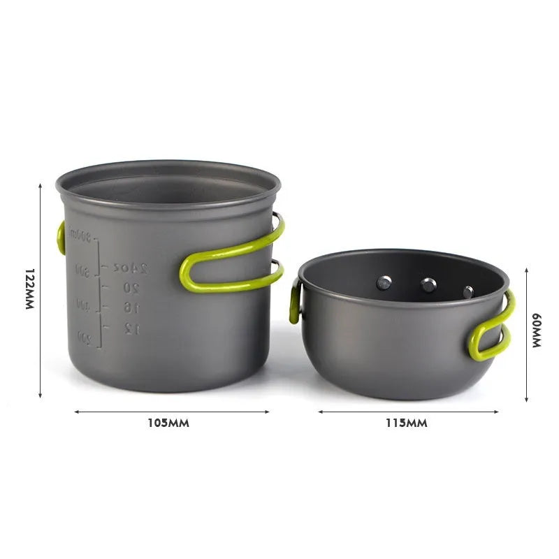 Green aluminium camping cookware set DS-101 with 1.2L pot and 0.62L cover on mesh bag