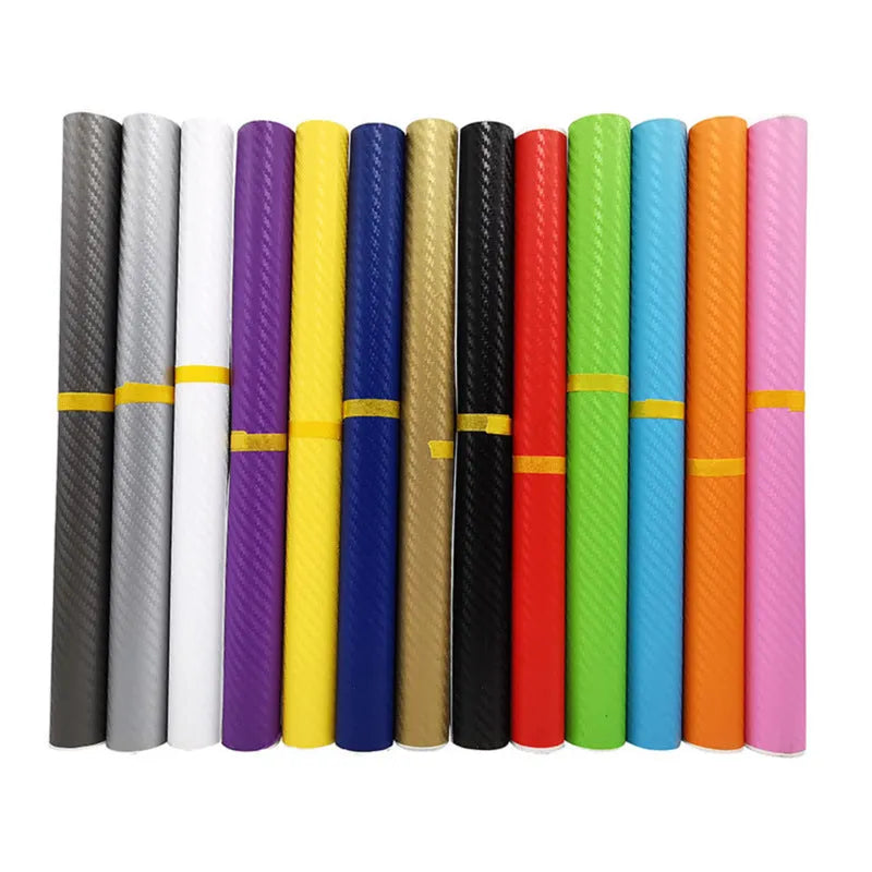 Roll of 3D carbon fibre pattern vinyl sticker for cars, showing multiple colour options.