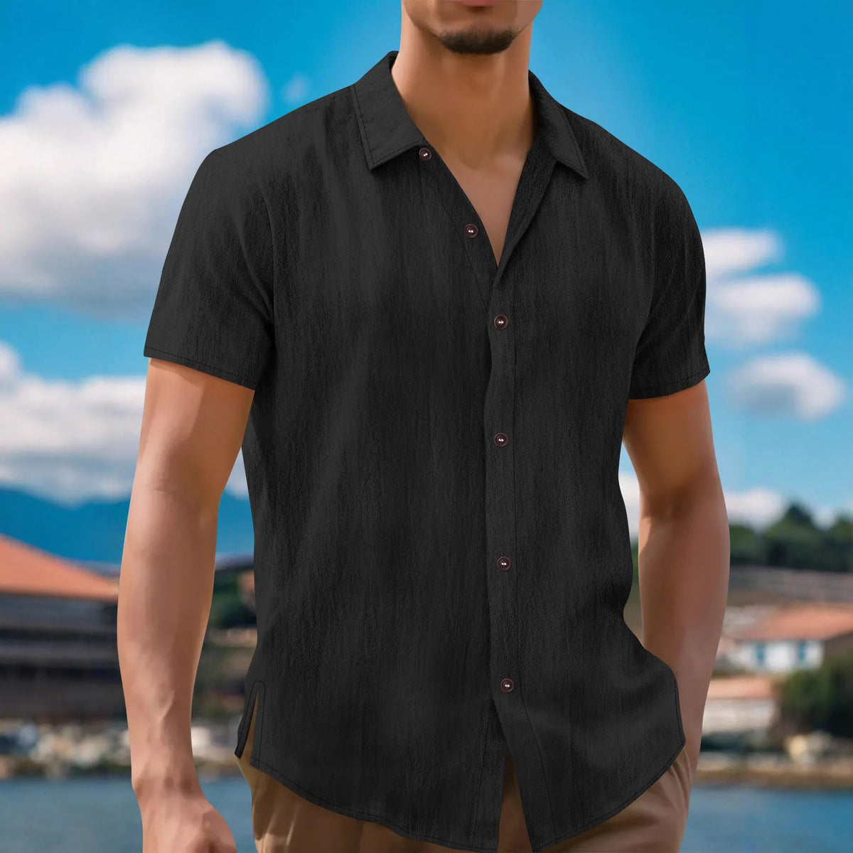 Men's linen lapel short sleeve shirt in eight colours including white, grey, orange, army green, navy blue, light blue, black, and khaki.