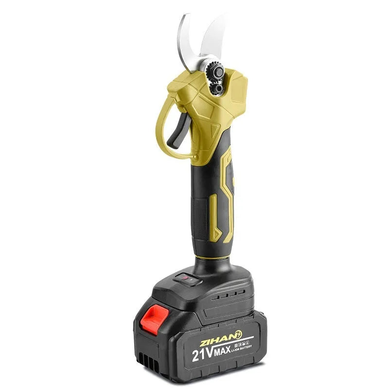 Electric pruning knife with lithium battery and plastic storage box containing two batteries and charger
