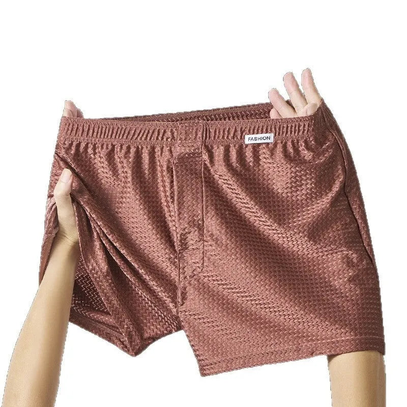 Men's nylon ice silk boxers in carbon crystal black, solid colour, knitted fabric, mid waist