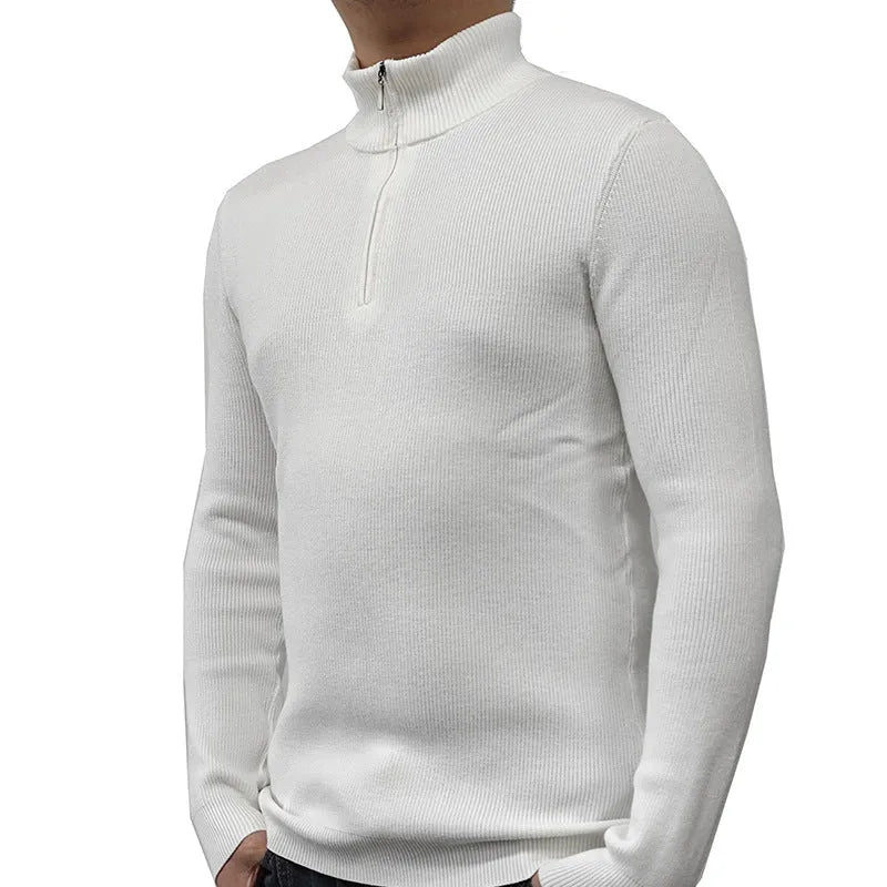 Men's grey half-turtleneck zipper sweater, British-style pullover for casual wear