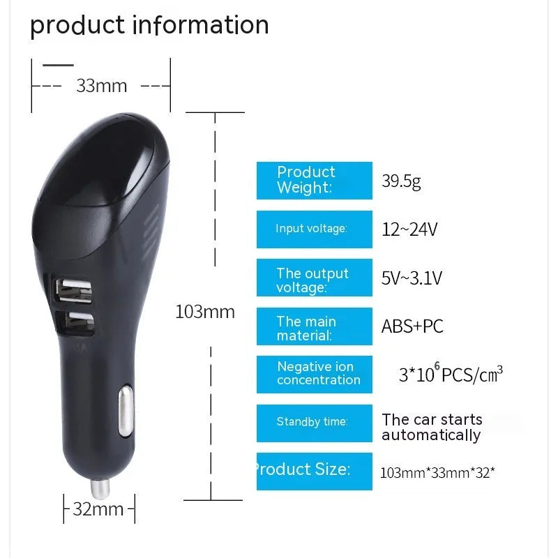 White car USB charger with negative ion vehicle-charged purifier showing compact dimensions