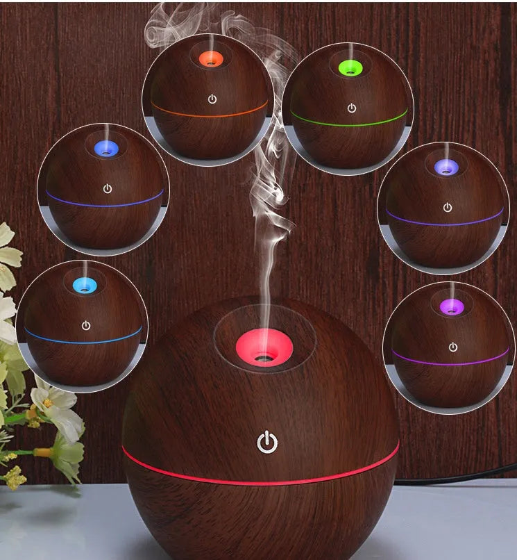 USB ultrasonic aroma essential oil diffuser humidifier 130ml light wood colour with blue LED night light