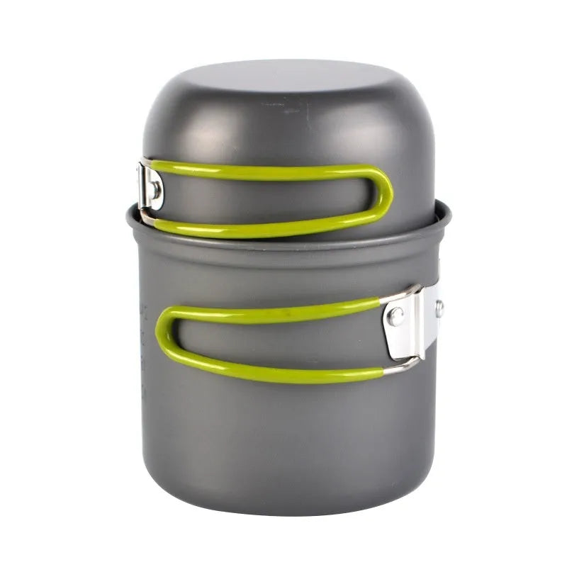 Green aluminium camping cookware set DS-101 with 1.2L pot and 0.62L cover on mesh bag