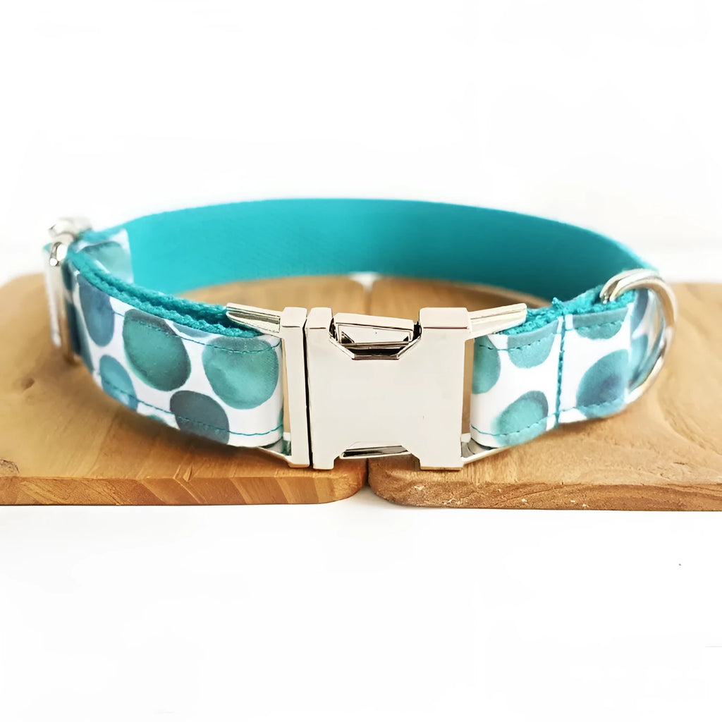 Blue bohemian polyester dog collar with adjustable sizing on a white background