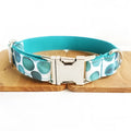 Blue bohemian polyester dog collar with adjustable sizing on a white background
