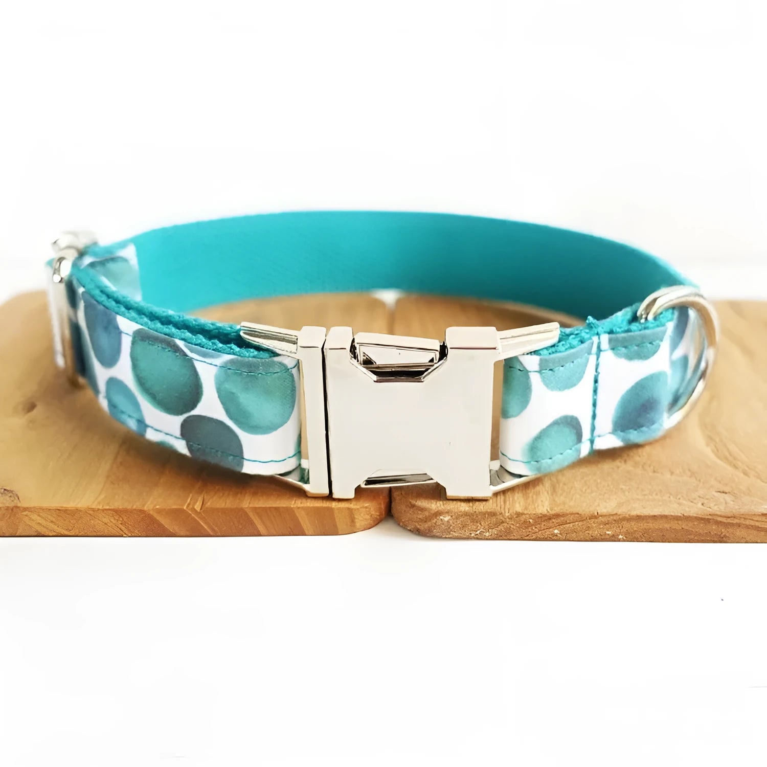 Blue bohemian polyester dog collar with adjustable sizing on a white background