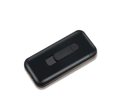 Plastic cigarette lighter in golden colour with compact body and flame, 118x55x25mm box