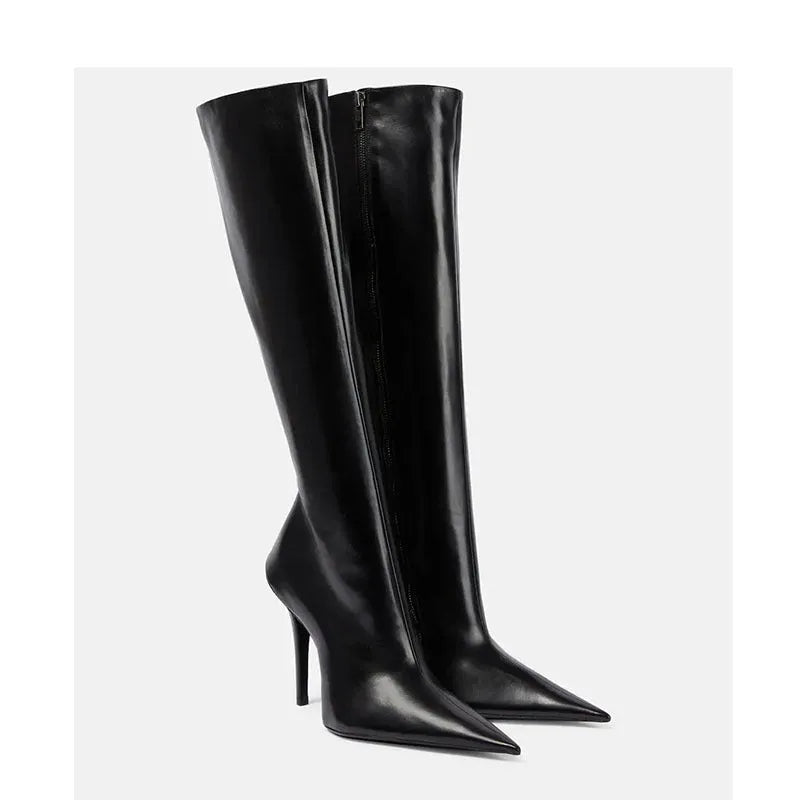 Black women's knee-high stiletto boots with pointed toe, side zipper, artificial PU upper, and rubber sole