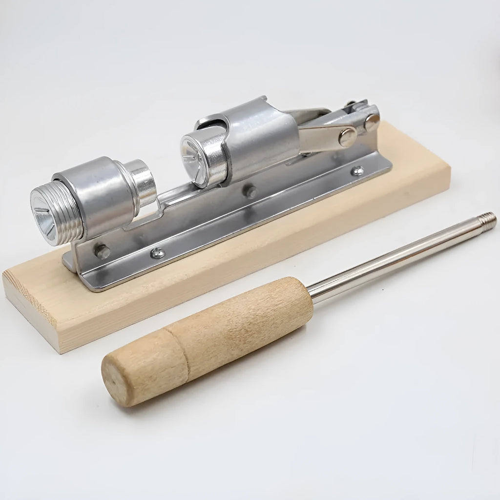 Mechanical walnut cracker with wood board and aluminium parts in irregular style