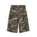 Men's camouflage cropped jeans with ripped detailing and retro patches in loose straight cut