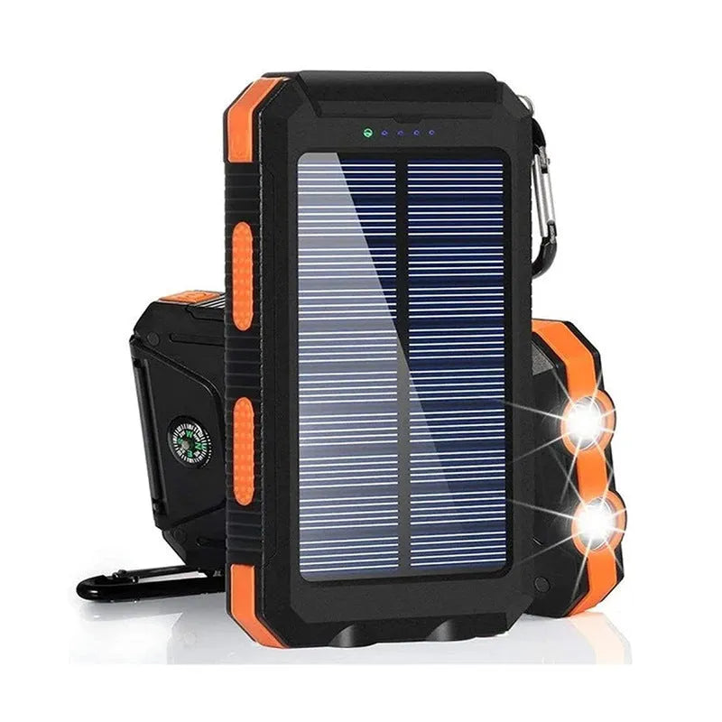 Black solar power bank with compass, LED flashlight, and 20000mAh capacity for mobile phone charging.