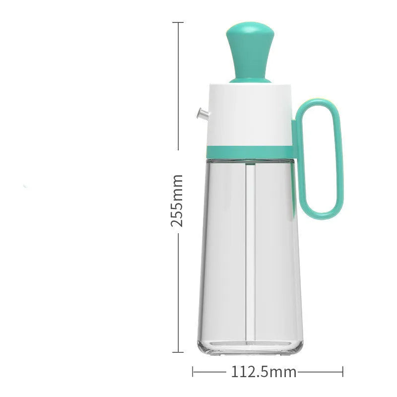 2 in 1 oil dispenser with silicone brush on wooden table against dark background