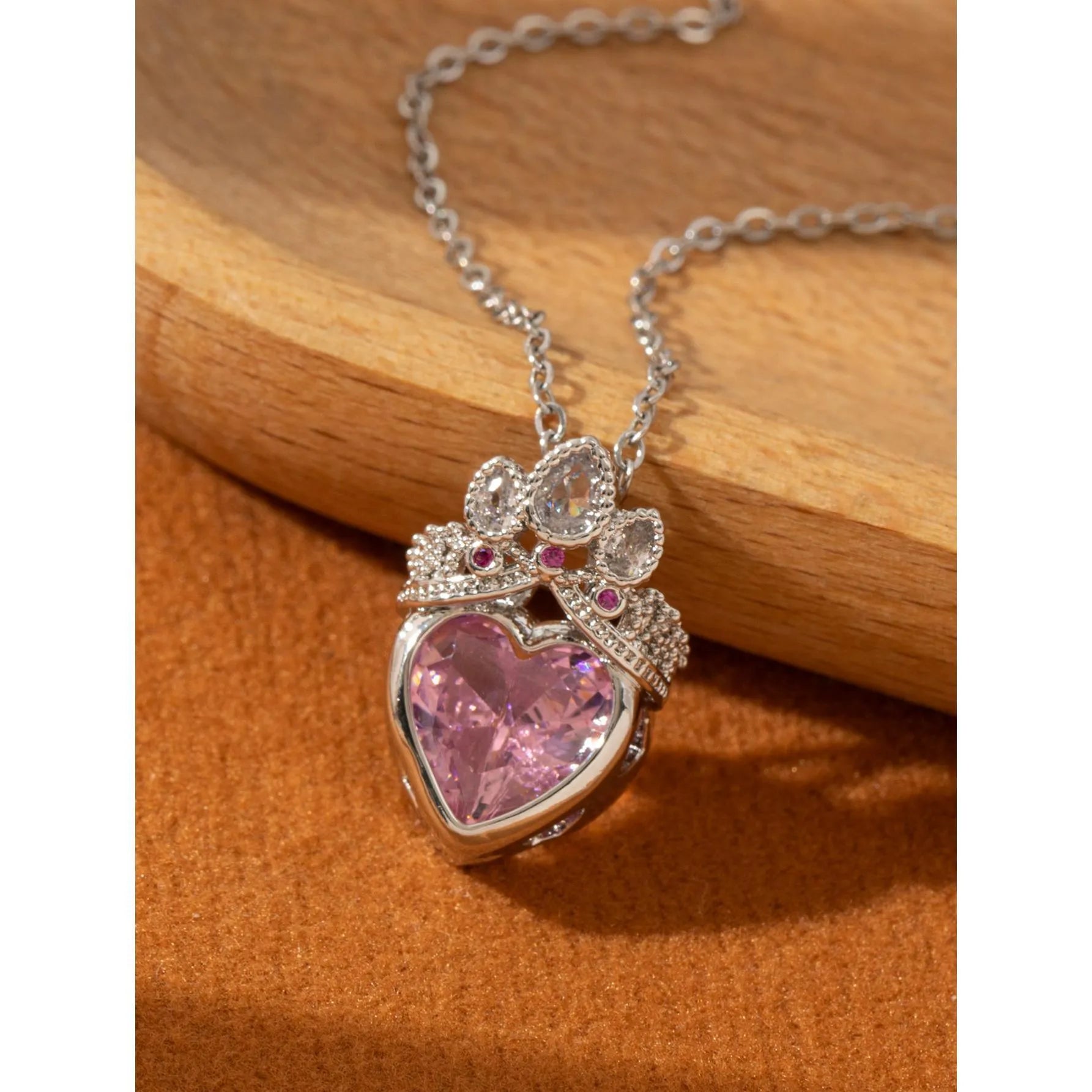 Crown and heart shaped zircon pendant necklace in Blue Gold on adjustable copper O-ring chain