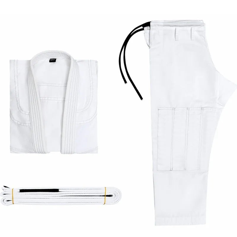 Cotton blend Brazilian jiu-jitsu gi uniform on a hanger, available in black, blue, gray, rose red, and white.