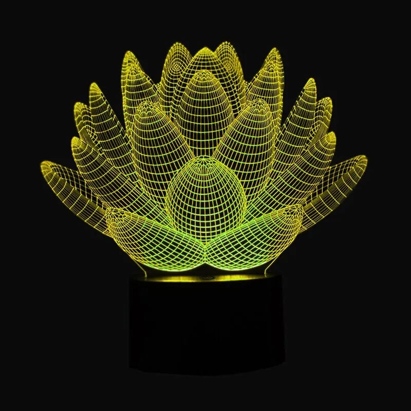 White lotus-shaped acrylic night light with LED base and touch controls on a wooden table.