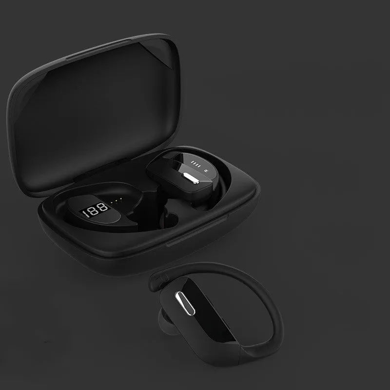LED Digital Display Hanging Ear Bluetooth 5.0 Wireless Headset in black with battery indicator