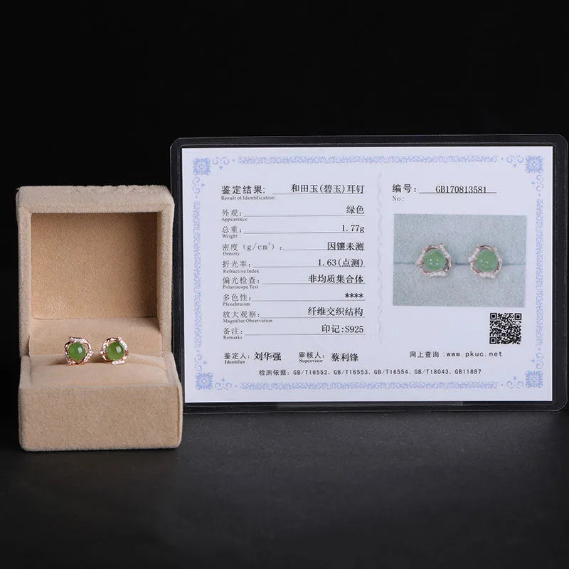 Round green jade earrings with 925 silver rose gold finish and jasper stone