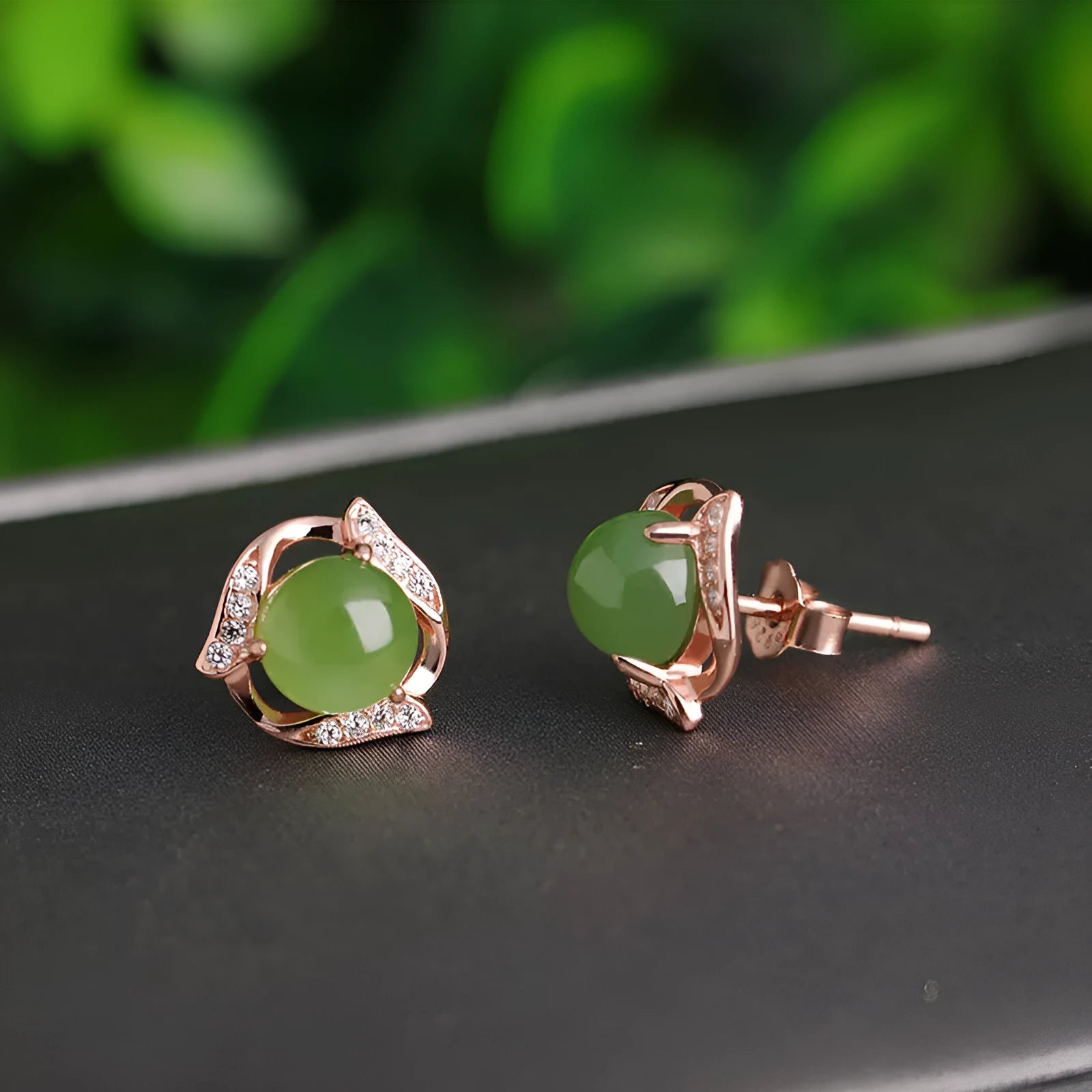 Round green jade earrings with 925 silver rose gold finish and jasper stone