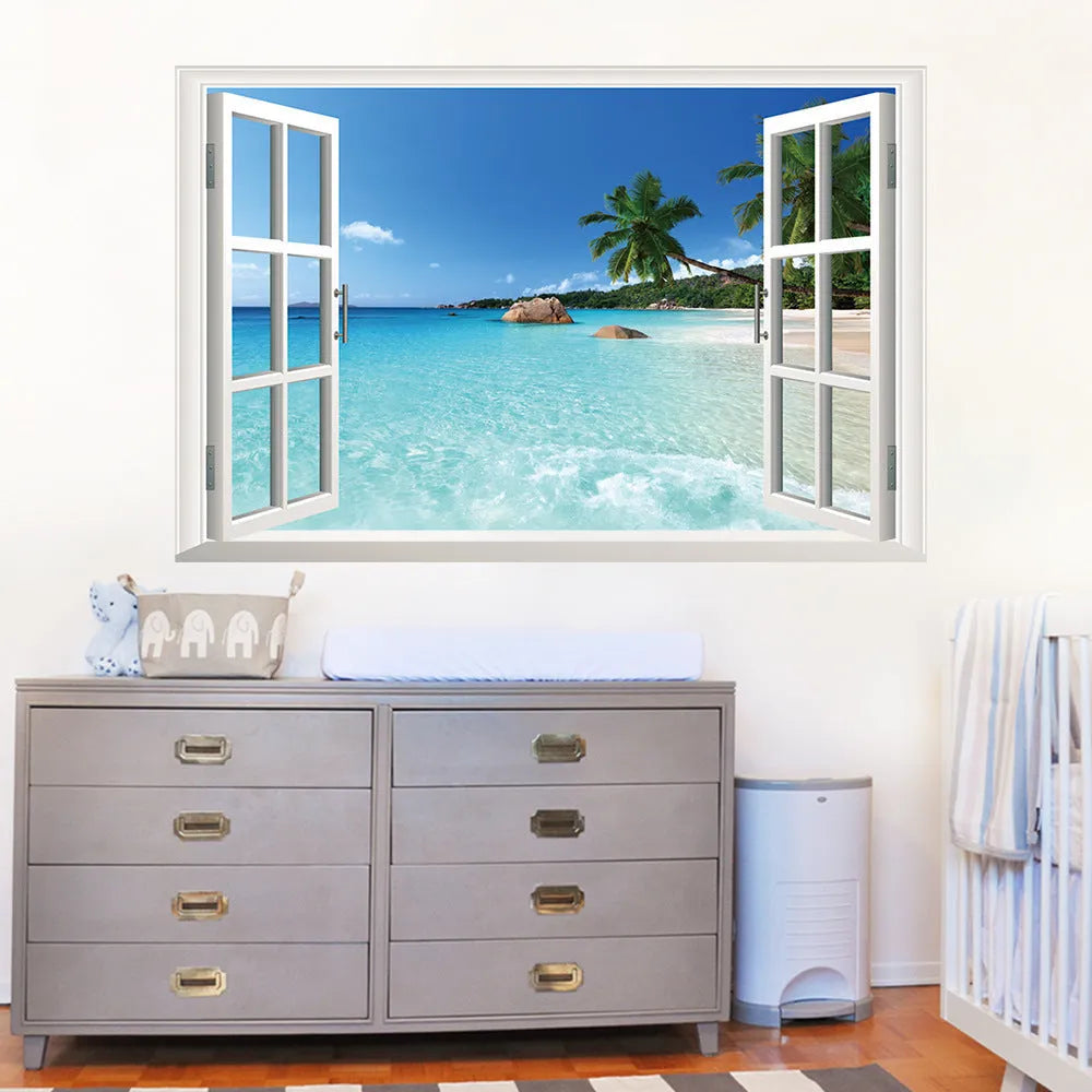 Sea view window wall sticker mural in blue and white with coastal scene on 60x90cm PVC material