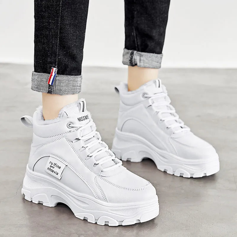 Thickened sneakers with flat thick sole, microfiber upper, round toe, and elastic band in beige colour