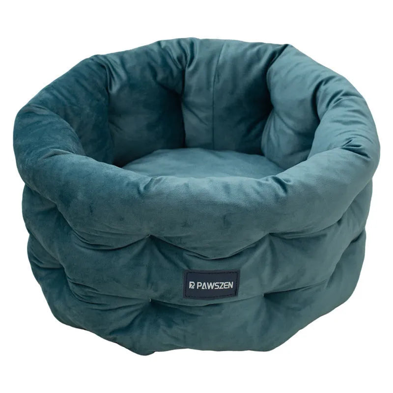 Winter warm flannel pet bed in emerald blue, medium size 48x26cm, on a wooden floor
