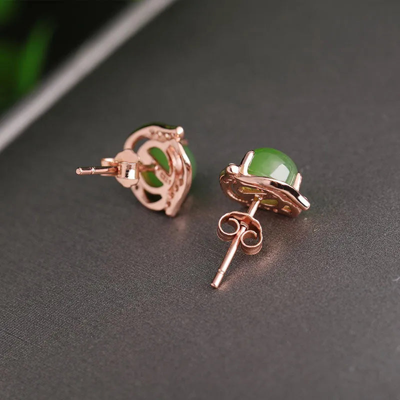 Round green jade earrings with 925 silver rose gold finish and jasper stone